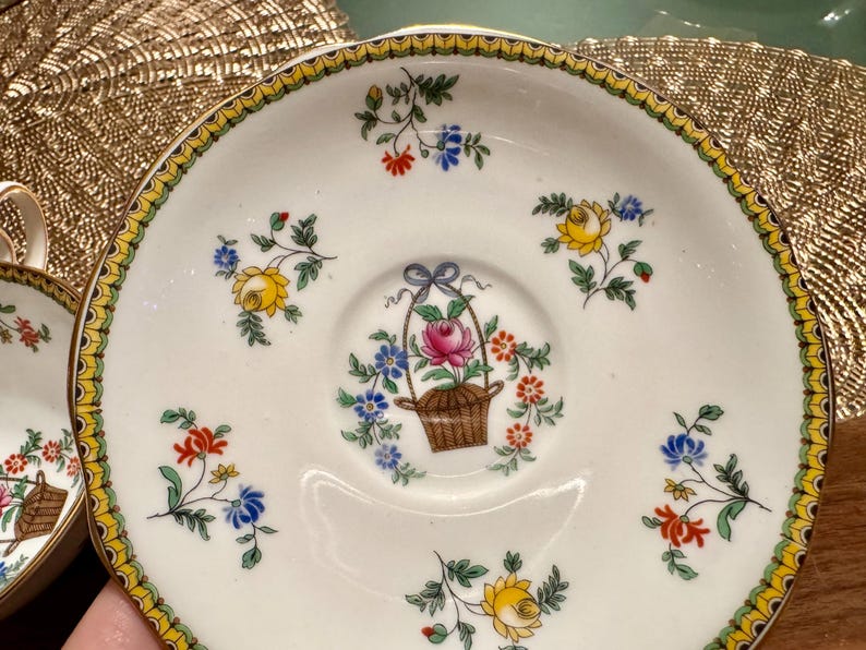 Pu&ograve; includere: Piatto da sottocoppa in porcellana bianca con bordo dorato e motivo floreale. Il centro presenta un cestino di fiori rosa e bianchi con foglie verdi.