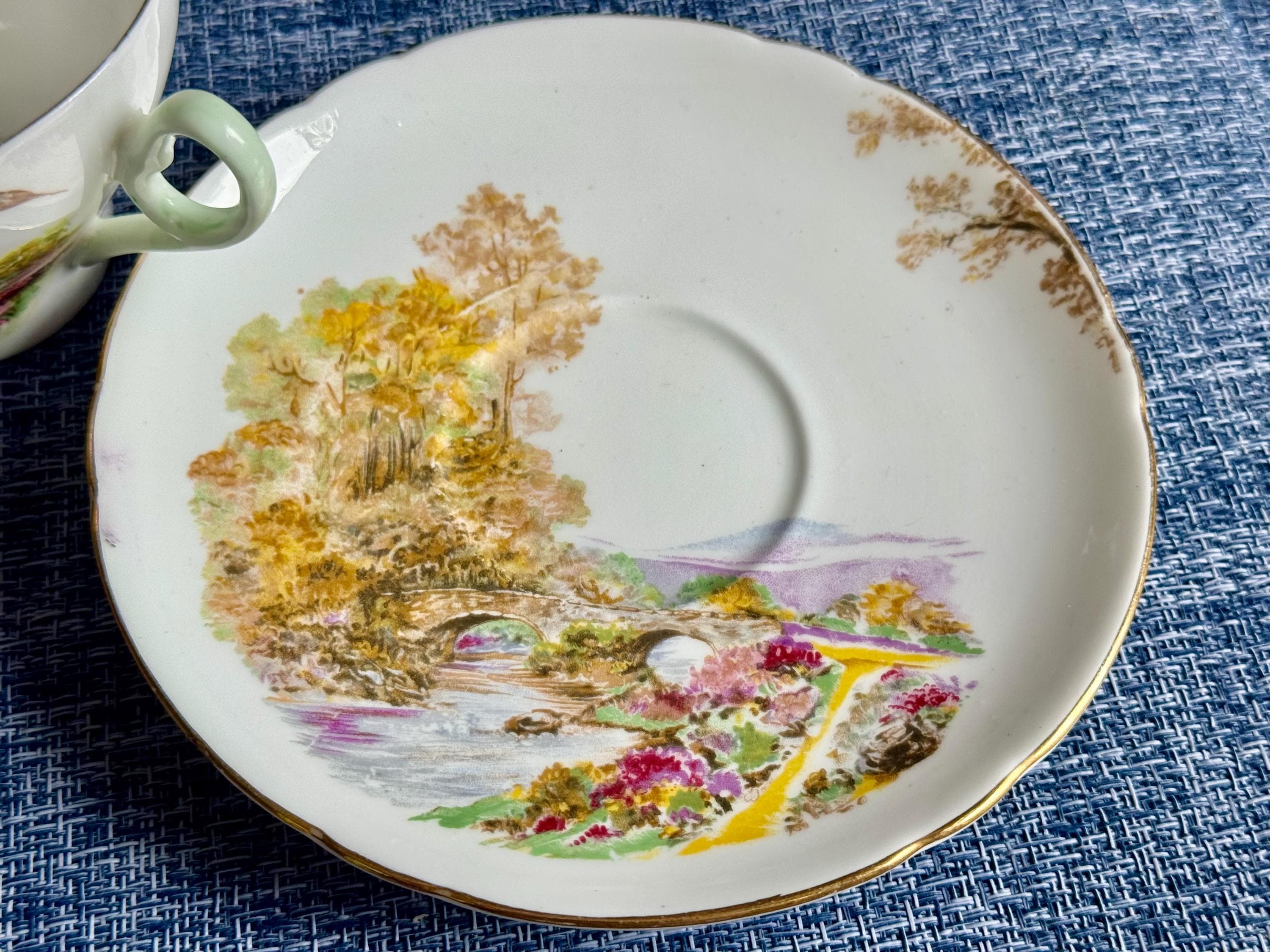 Vintage Shelley “Heather” Bone China Teacup & Saucer — Scenic Landscape — England