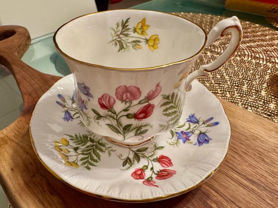 Vintage Paragon Bone China Teacup and Saucer - “English Flowers” with Gold Trim (1957-1960)