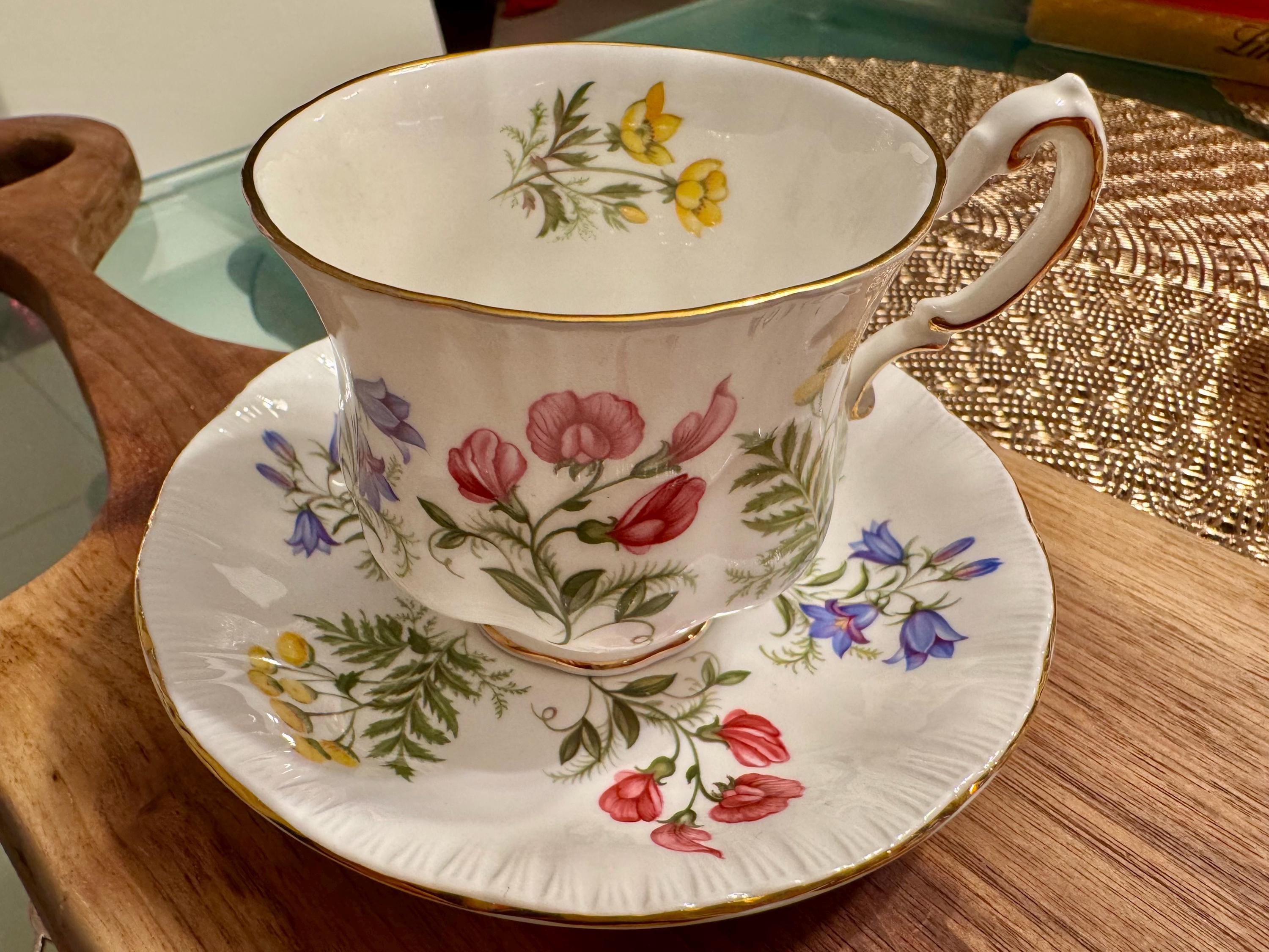Vintage Paragon Bone China Teacup and Saucer - “English Flowers” with Gold Trim (1957-1960)