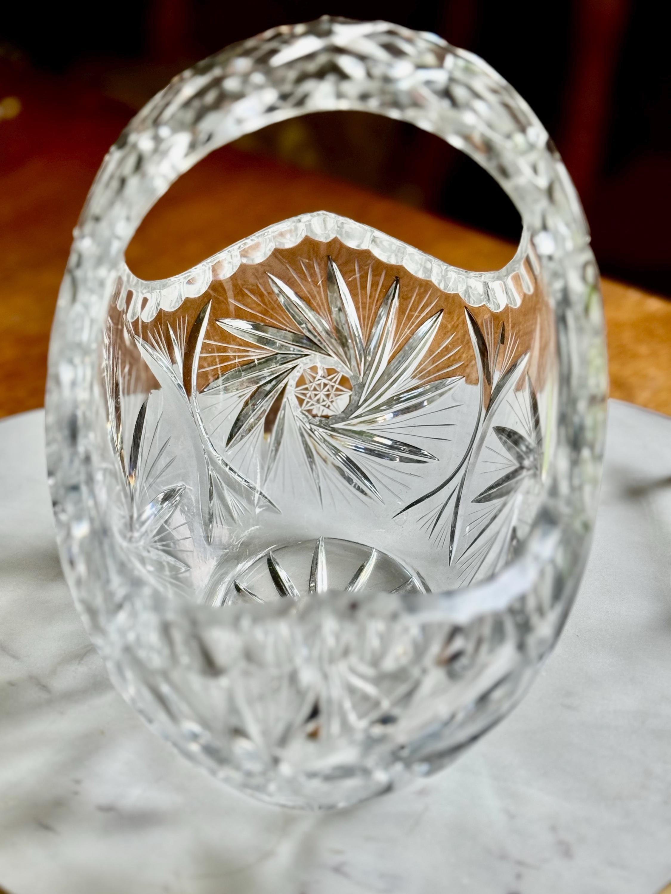Vintage Hand-Cut Crystal Basket 8.5” | Sparkling Elegance | Scalloped Rim | Pinwheel Pattern