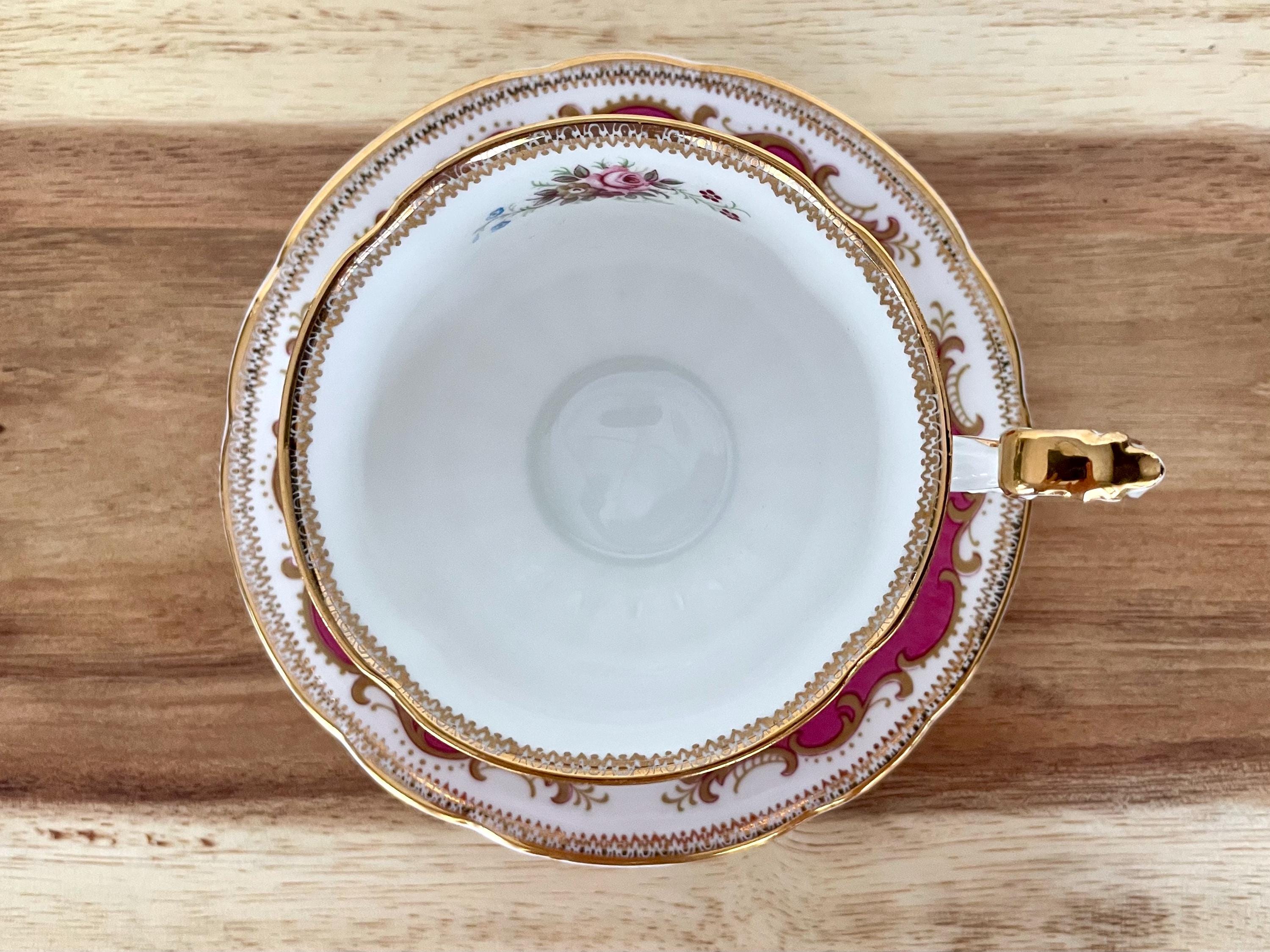 Vintage Paragon Fine Bone China Cup & Saucer – Pink Gold Scrollwork with Hand-Painted Roses – England
