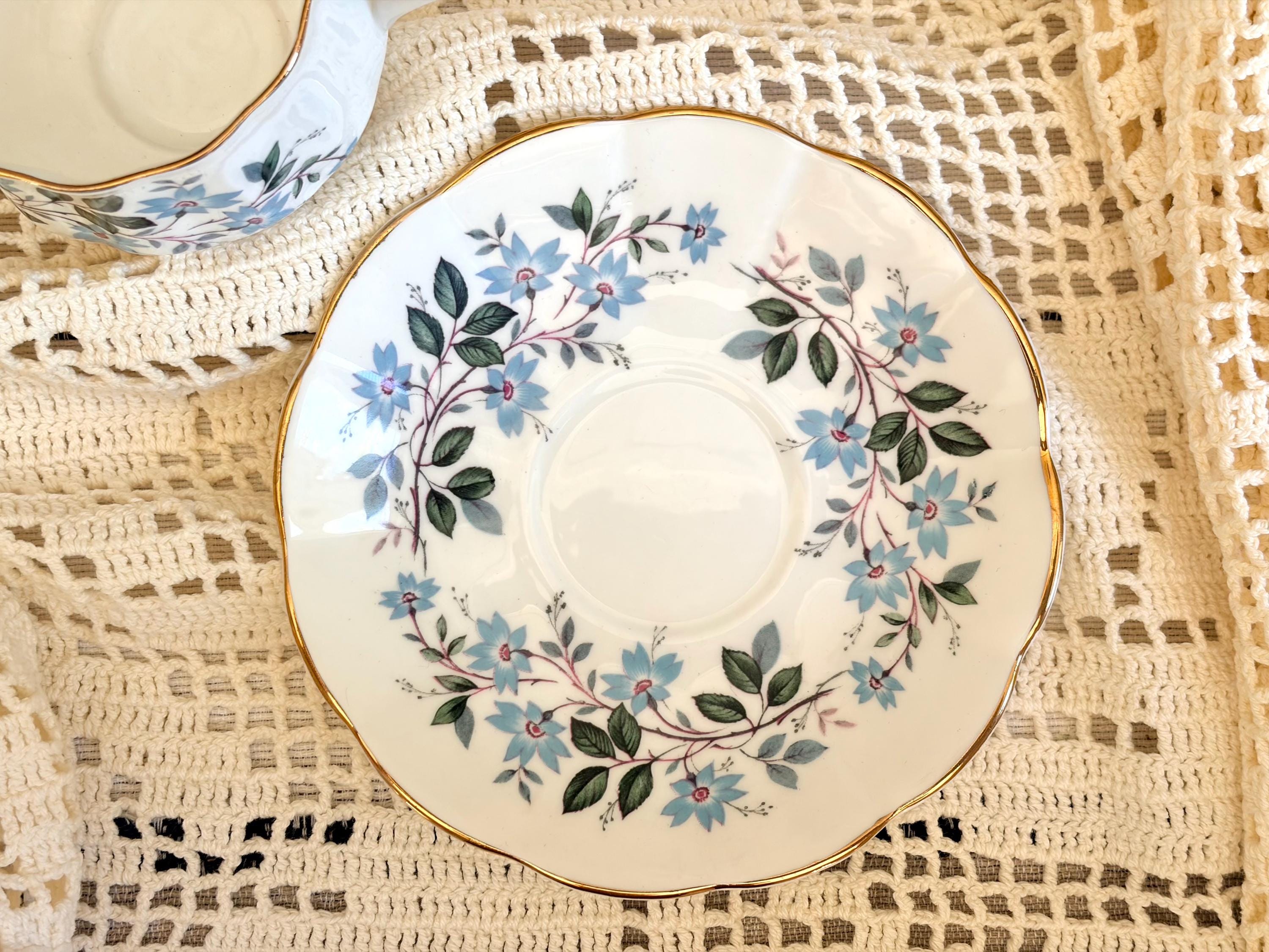 Vintage Stratford Bone China Teacup & Saucer Set – Blue Floral Pattern – Made in England