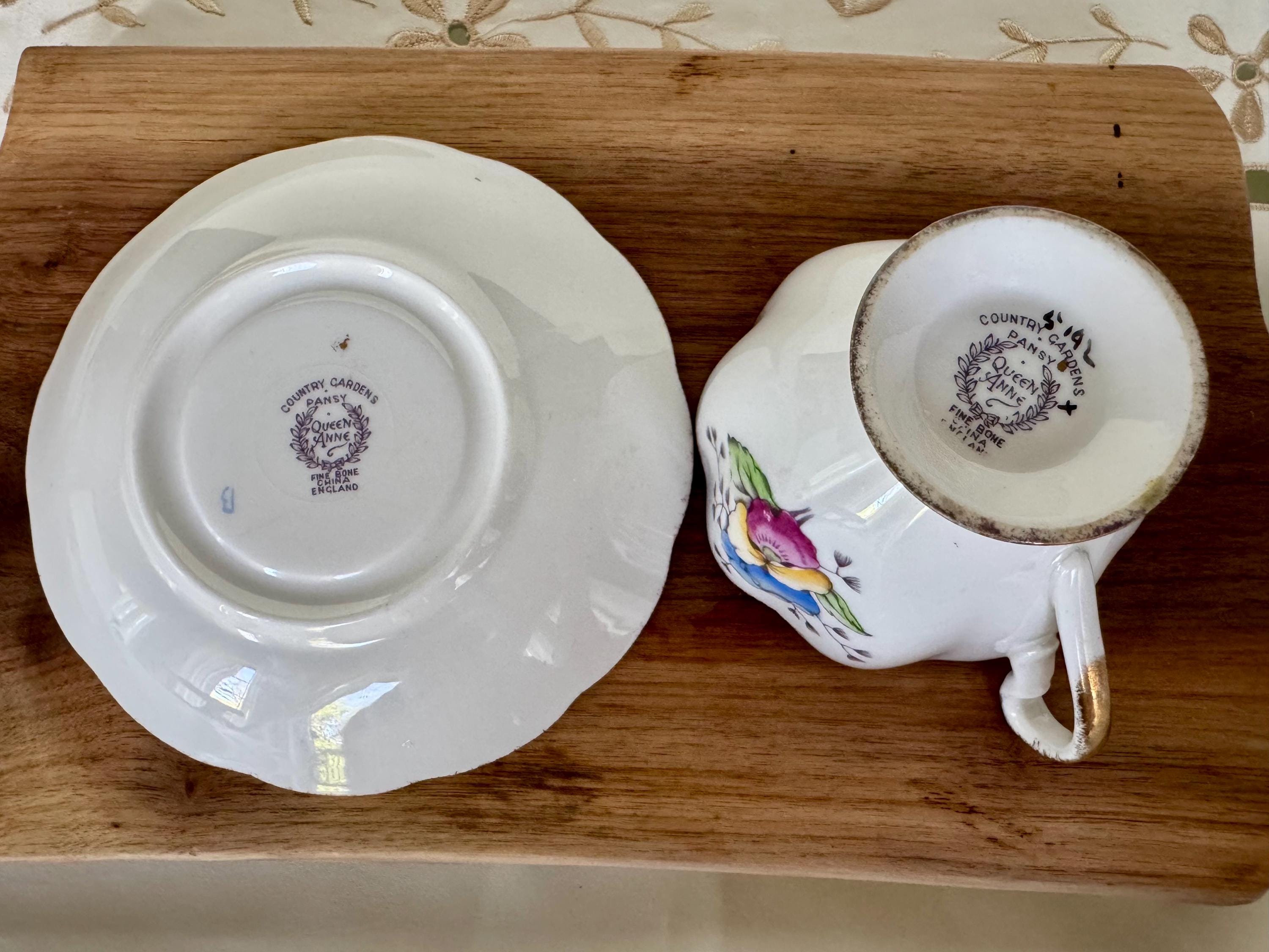 Vintage Queen Anne Teacup and Saucer – “Country Gardens: Pansy” – Multicolor Florals with Gold Trim