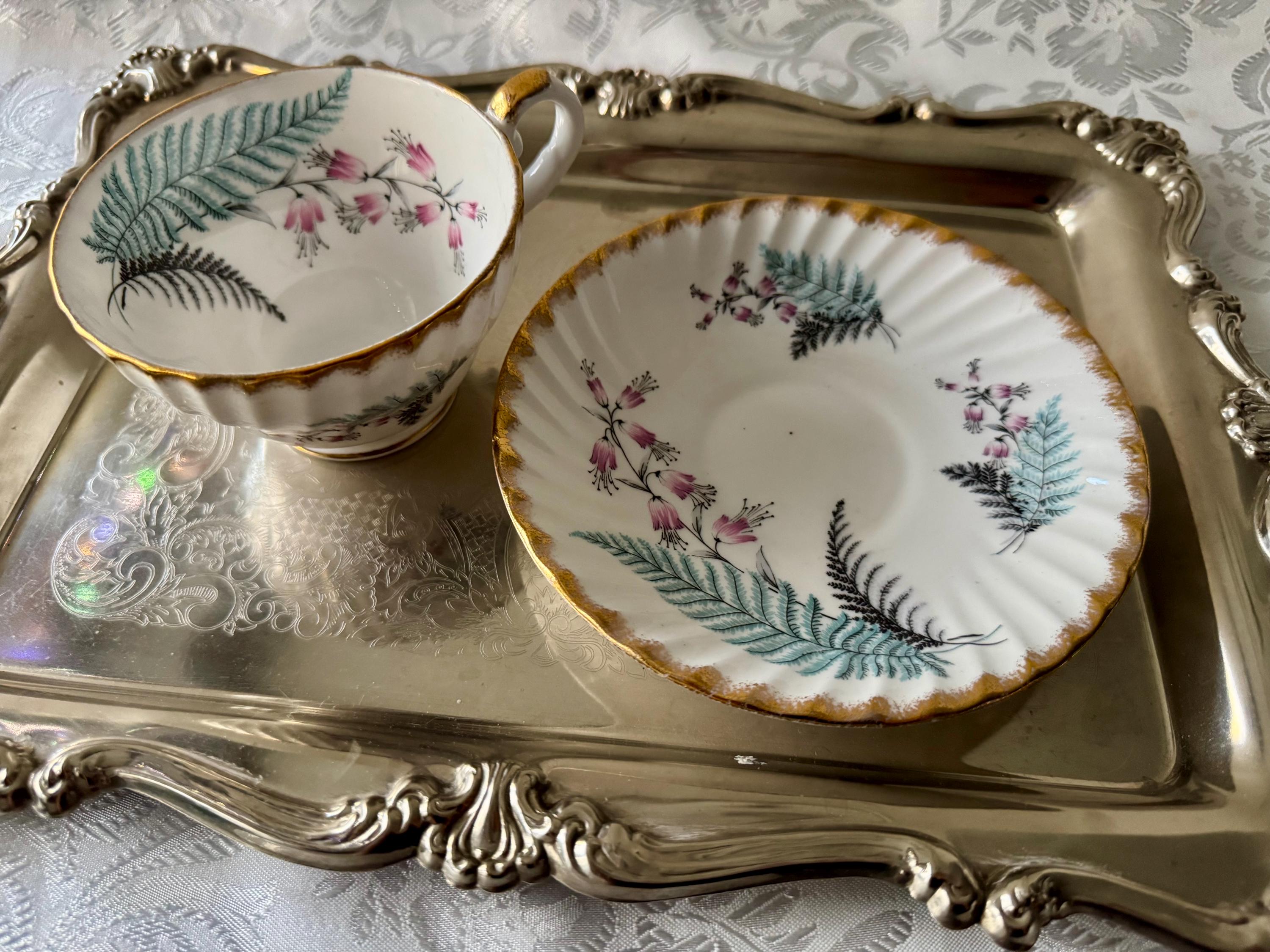 Vintage Stanley Bone China Teacup Set – Fern & Heather, Gold Trim