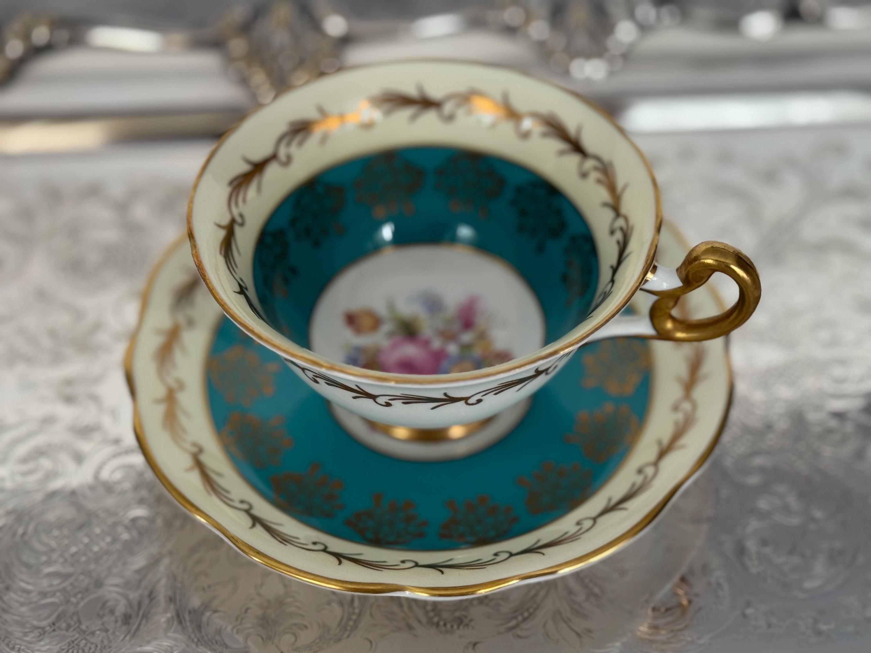 Vintage Foley Bone China Teacup & Saucer – Turquoise Gold with Floral Bouquet – Made in England