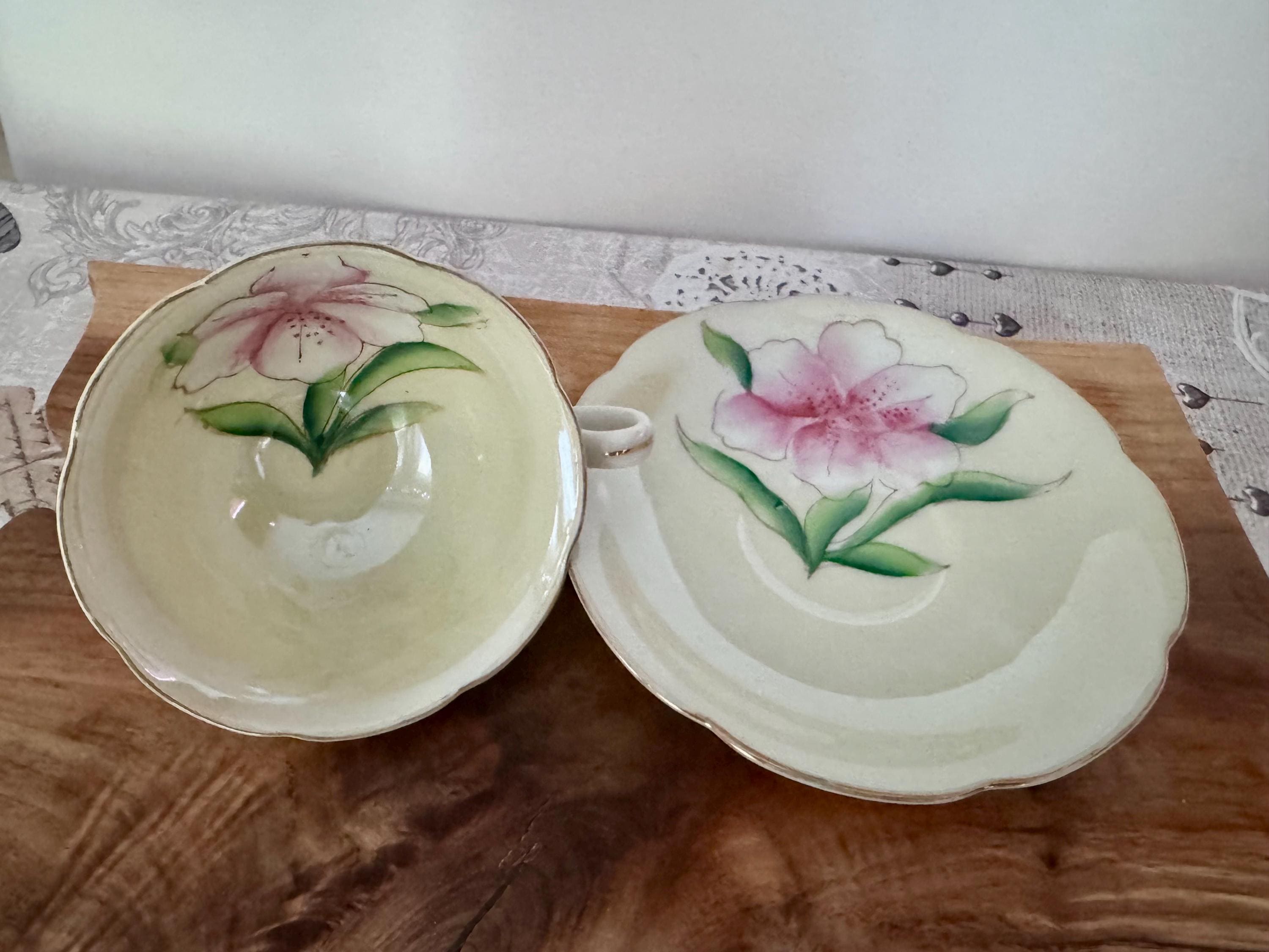 Vintage Shafford Hand-Painted Japanese Teacup & Saucer – Pink Azalea Blossom on Cream Glaze