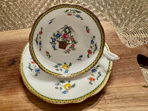 Vintage Aynsley Bone China Cup and Saucer: Basket of Flowers, Made in England (1930s-1940s)