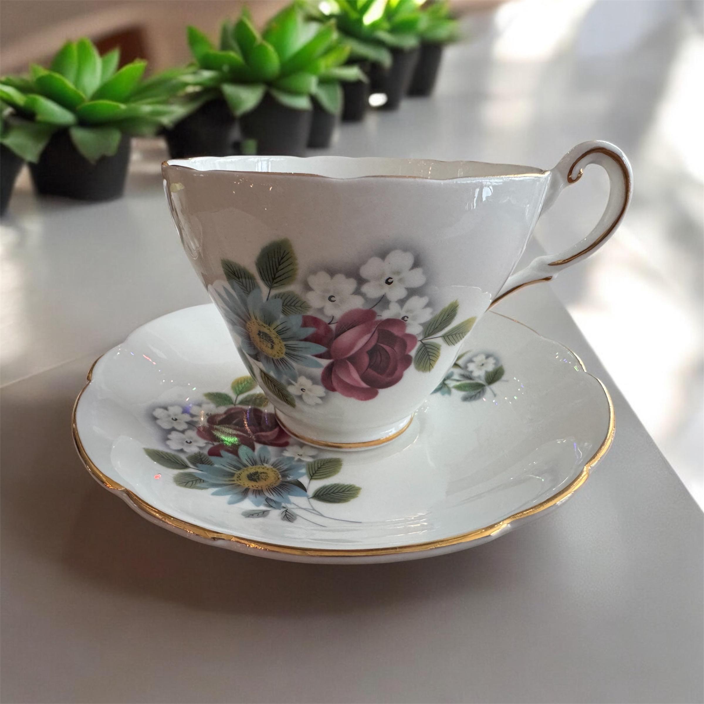 Grosvenor Bone China Teacup & Saucer – Floral Motif