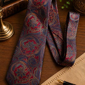 May include: A necktie featuring a deep red and navy blue paisley pattern with intricate swirling floral motifs and gold-toned outlines. The fabric has a smooth, satin-like finish, and the tie is folded to display its pointed end and wide blade.