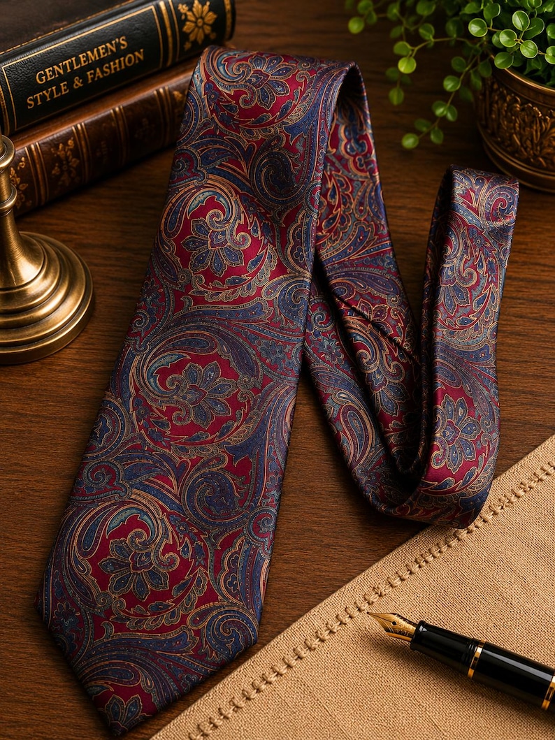May include: A necktie featuring a deep red and navy blue paisley pattern with intricate swirling floral motifs and gold-toned outlines. The fabric has a smooth, satin-like finish, and the tie is folded to display its pointed end and wide blade.