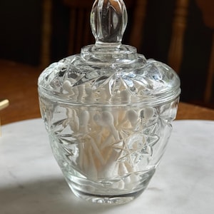 Vintage Pressed Glass Lidded Jar – Starburst Pattern – Cotton Swab Holder, Candy Dish, Vanity Storage – Two available