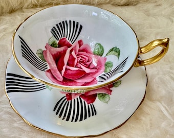 Vintage Mayfair Bone China England Teacup & Saucer – Bold Pink Rose Black Ribbon Design