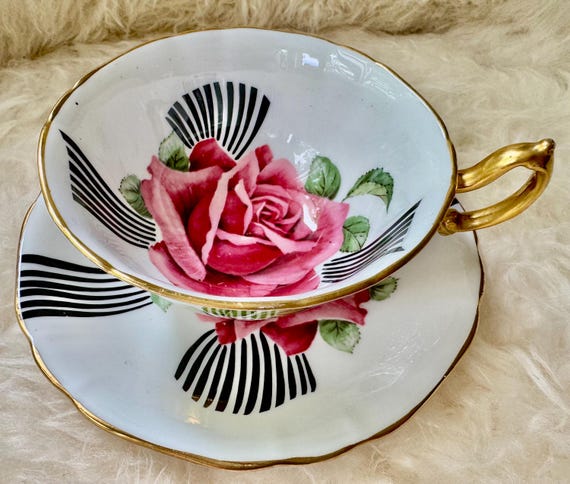 Vintage Mayfair Bone China England Teacup & Saucer – Bold Pink Rose Black Ribbon Design