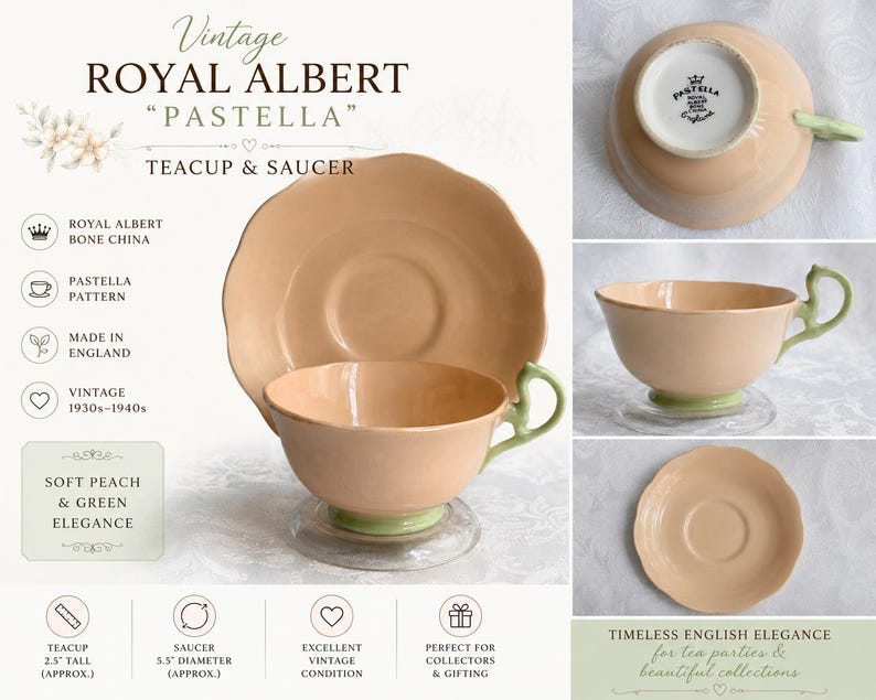 Vintage Royal Albert “Pastella” Teacup & Saucer – Peach Green Bone China – Made in England image 2