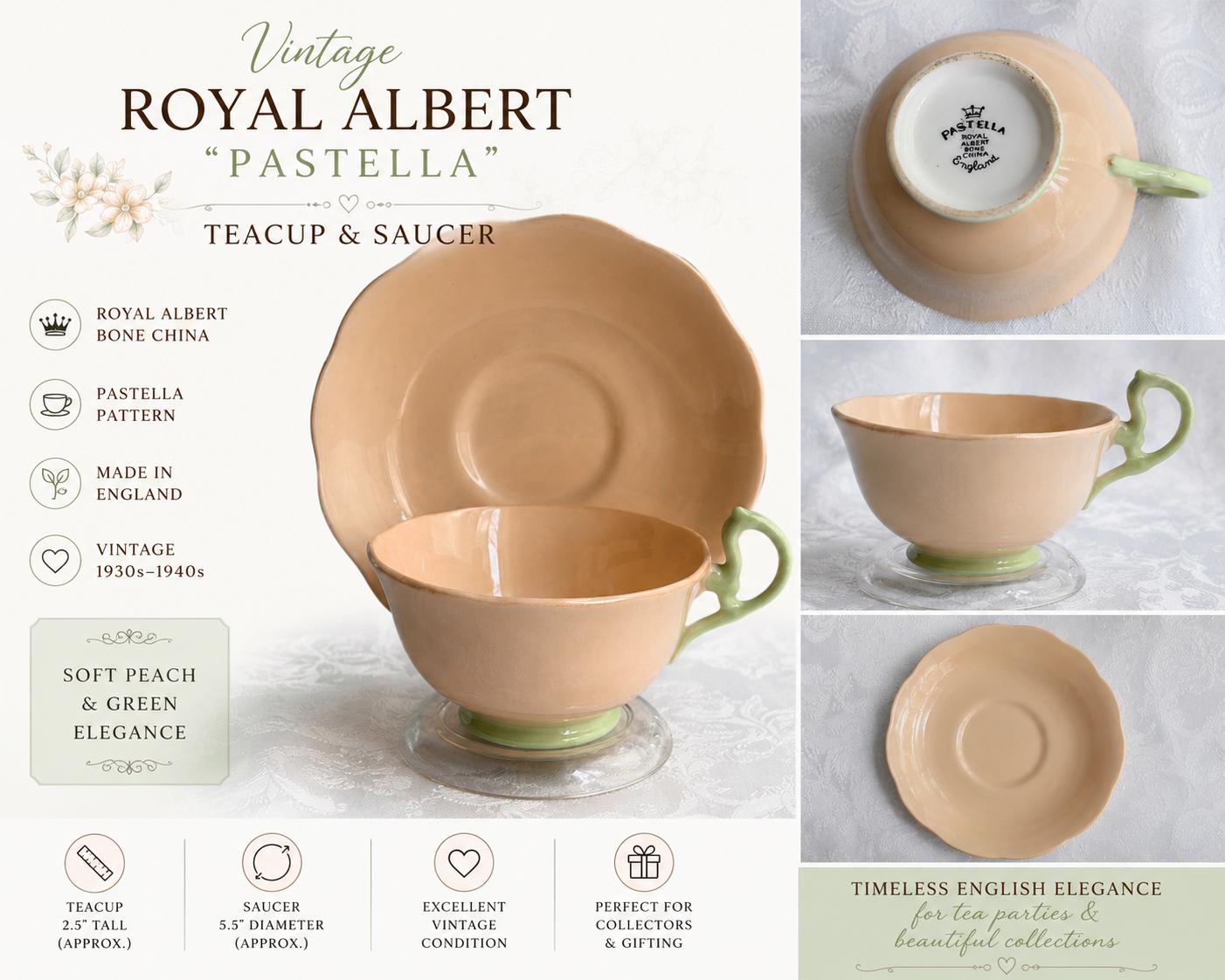 Vintage Royal Albert “Pastella” Teacup & Saucer – Peach Green Bone China – Made in England