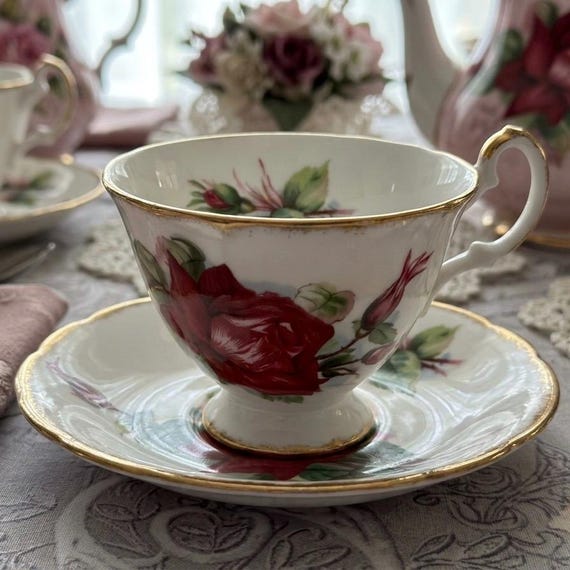 Vintage Paragon Red Cabbage Rose Teacup & Saucer – Royal Warrant Fine Bone China England