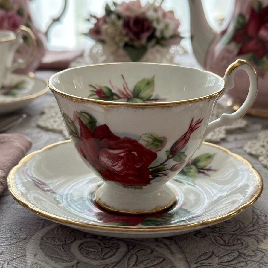 Vintage Paragon Red Cabbage Rose Teacup & Saucer – Royal Warrant Fine Bone China England