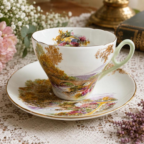 Vintage Shelley “Heather” Bone China Teacup & Saucer — Scenic Landscape — England