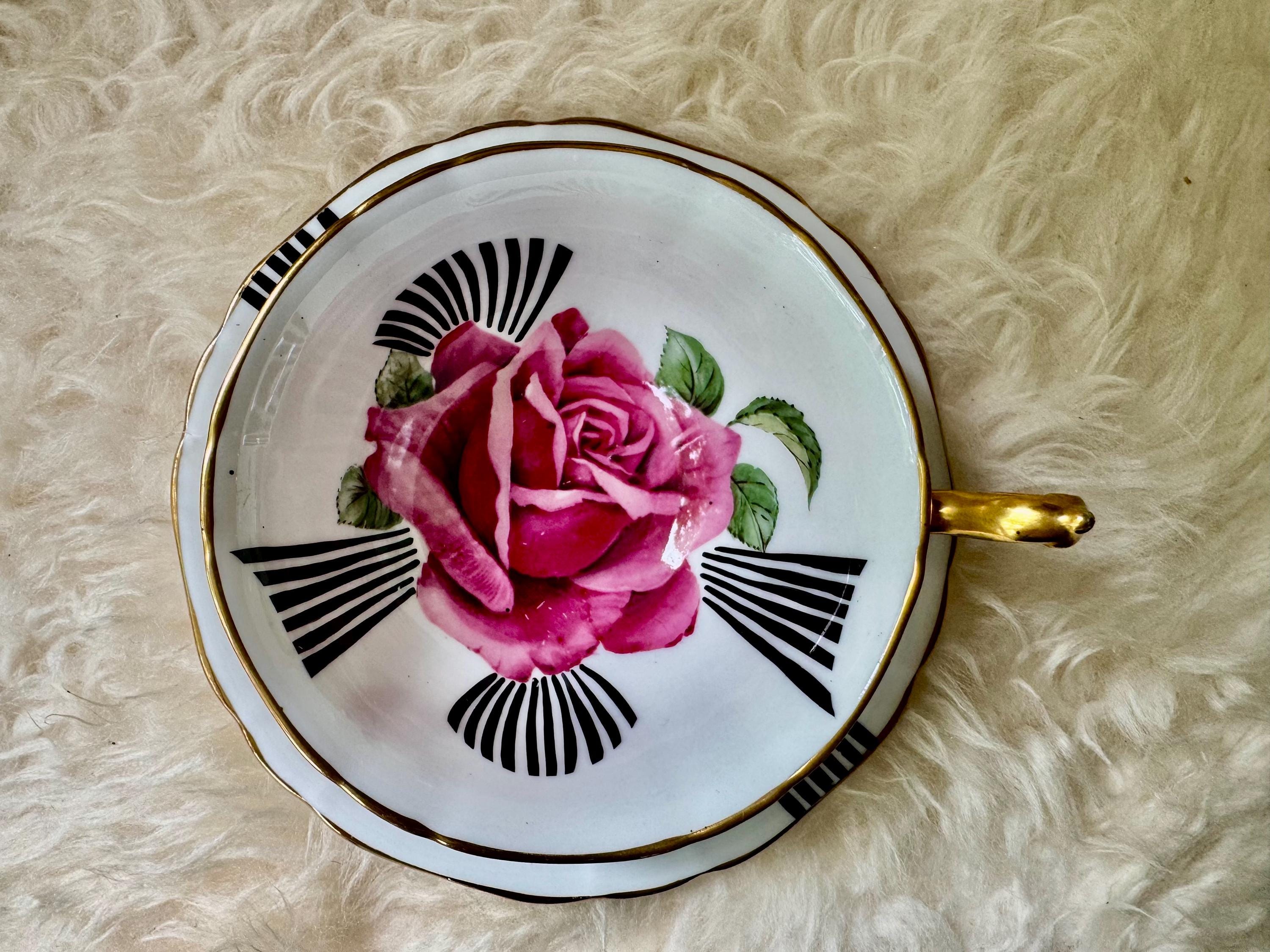 Vintage Mayfair Bone China England Teacup & Saucer – Bold Pink Rose Black Ribbon Design