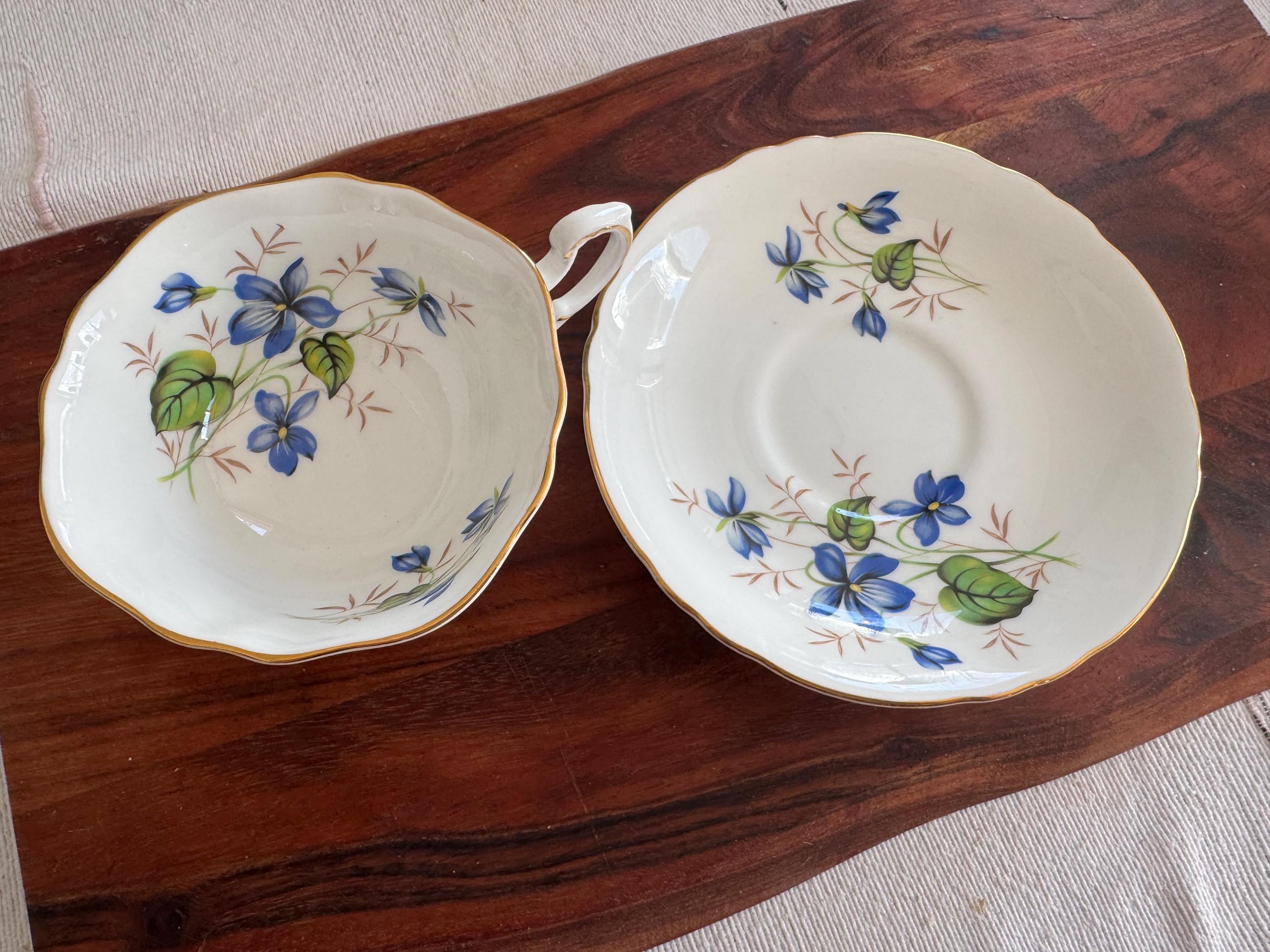 Roslyn Bone China Teacup & Saucer - Delicate Blue Floral Design
