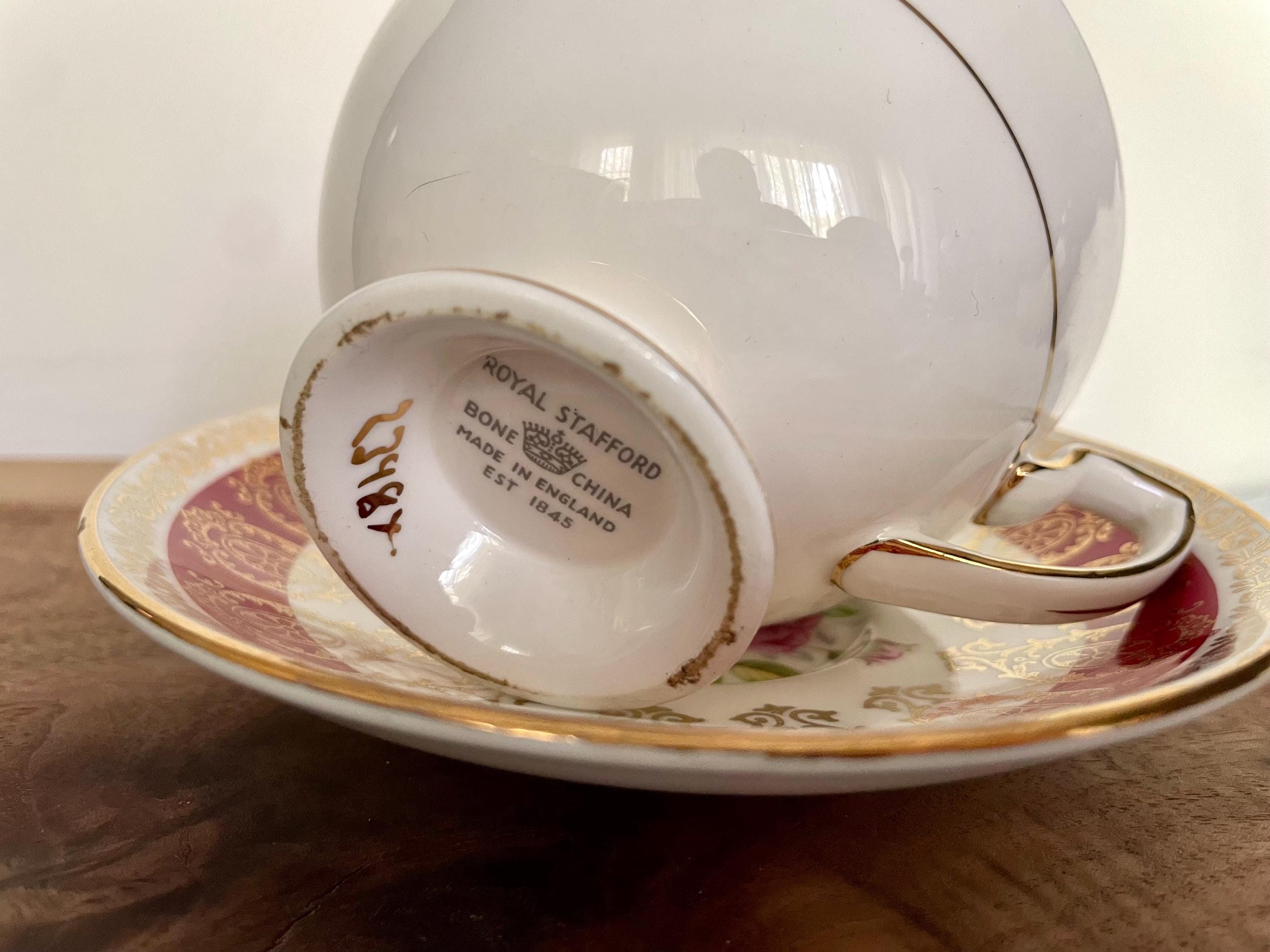 Vintage Royal Stafford Bone China Teacup & Saucer – Crimson Red Gold Filigree with Pink Rose