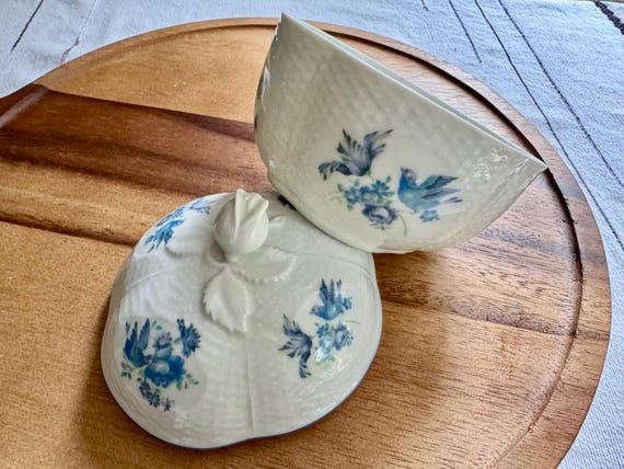 Vintage Porcelain Lidded Dish – Bluebirds & Blossoms – Orlane Paris Exclusive - Made in Japan
