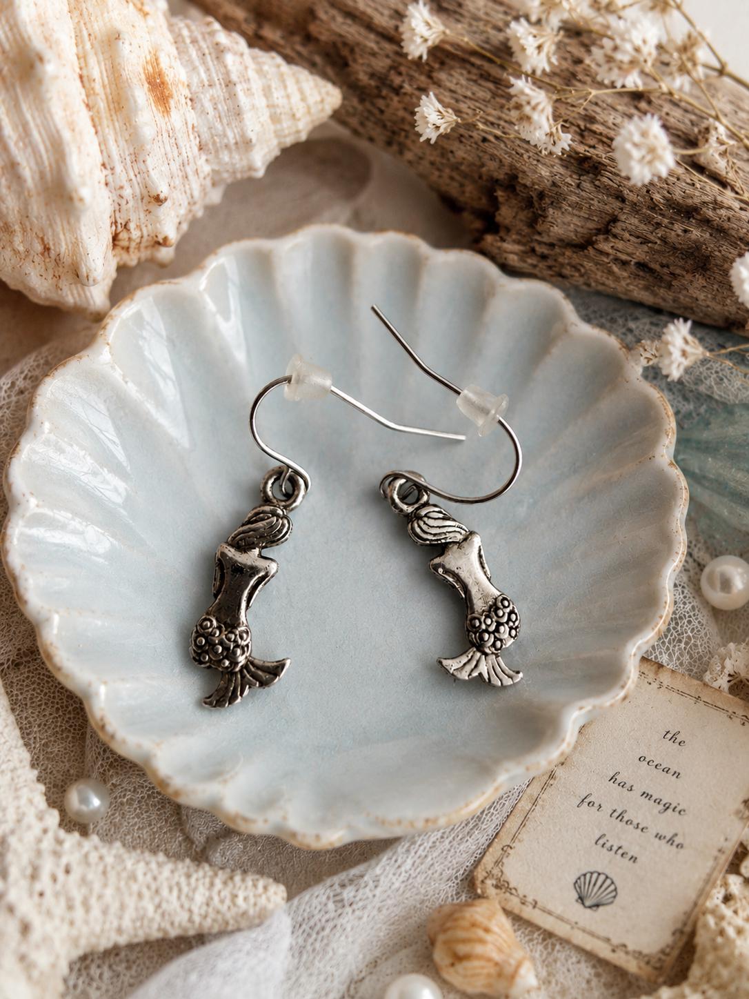 Vintage Silverplated Mermaid Dangle Earrings – Whimsical Ocean Fantasy Jewelry