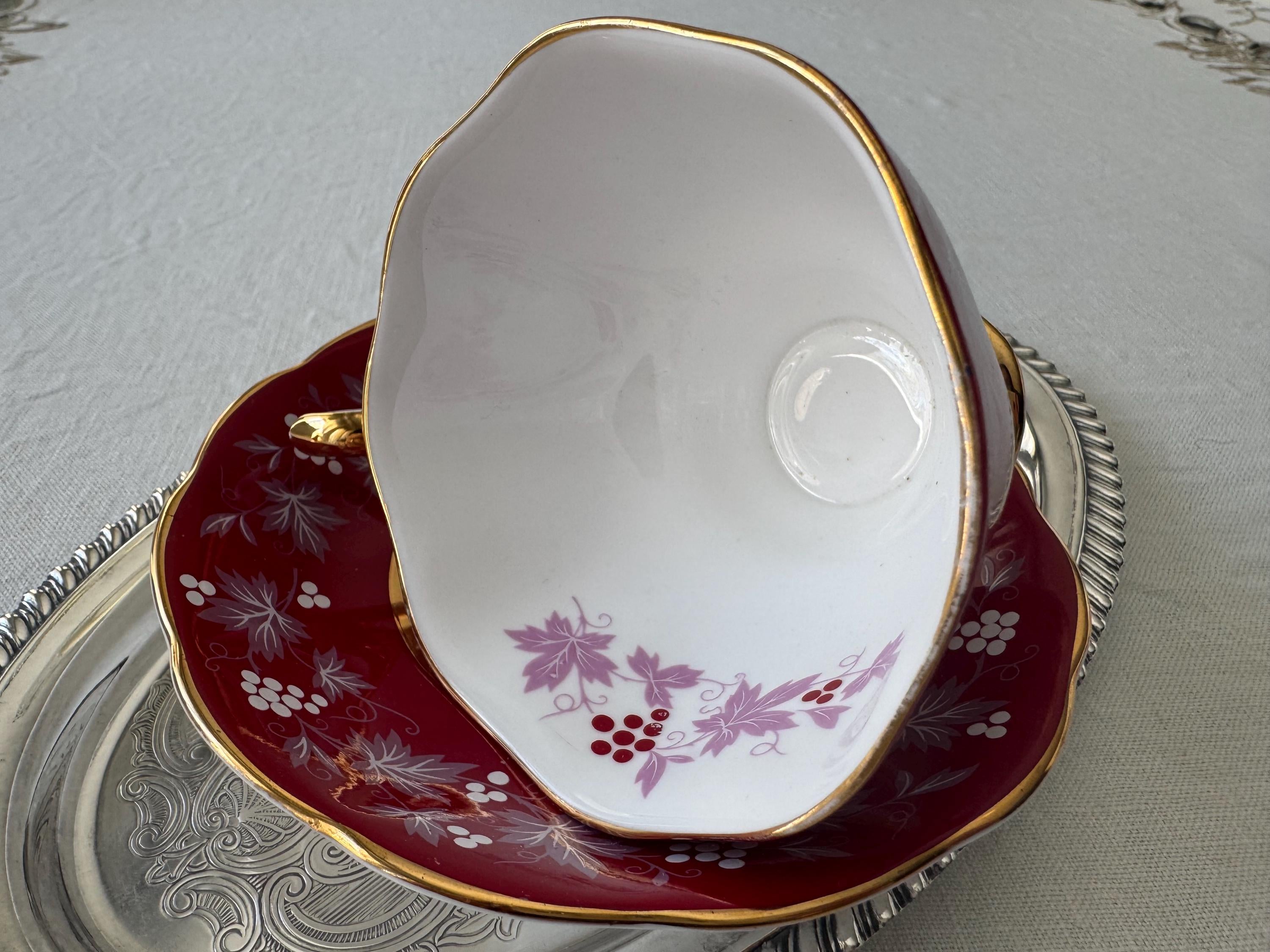 Royal Albert “Reims” Teacup & Saucer – Chateau Series – Ruby Red, Grape Motif