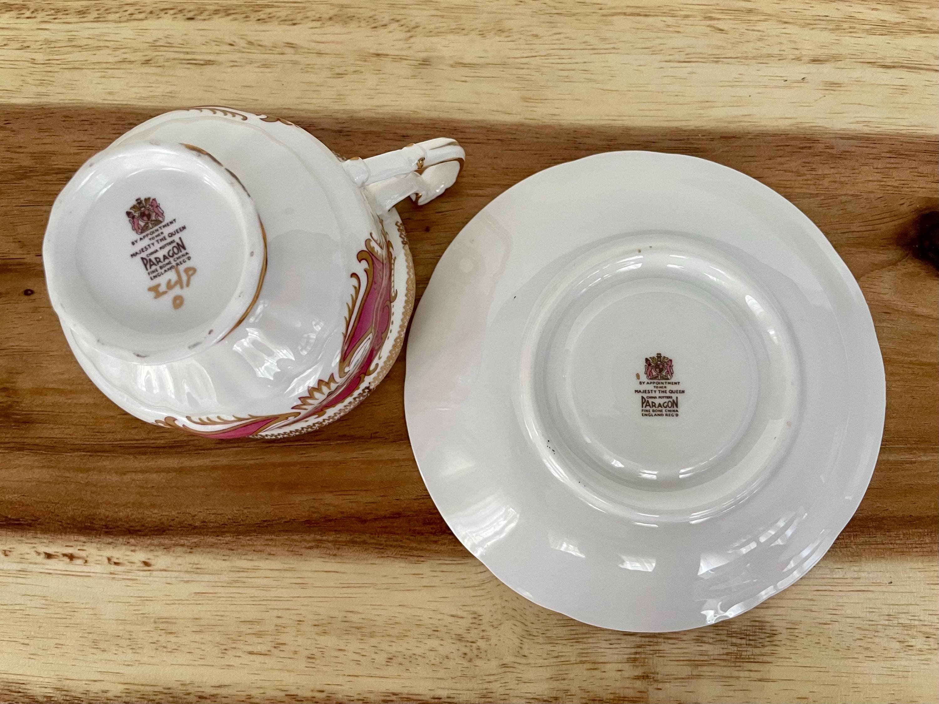 Vintage Paragon Fine Bone China Cup & Saucer – Pink Gold Scrollwork with Hand-Painted Roses – England