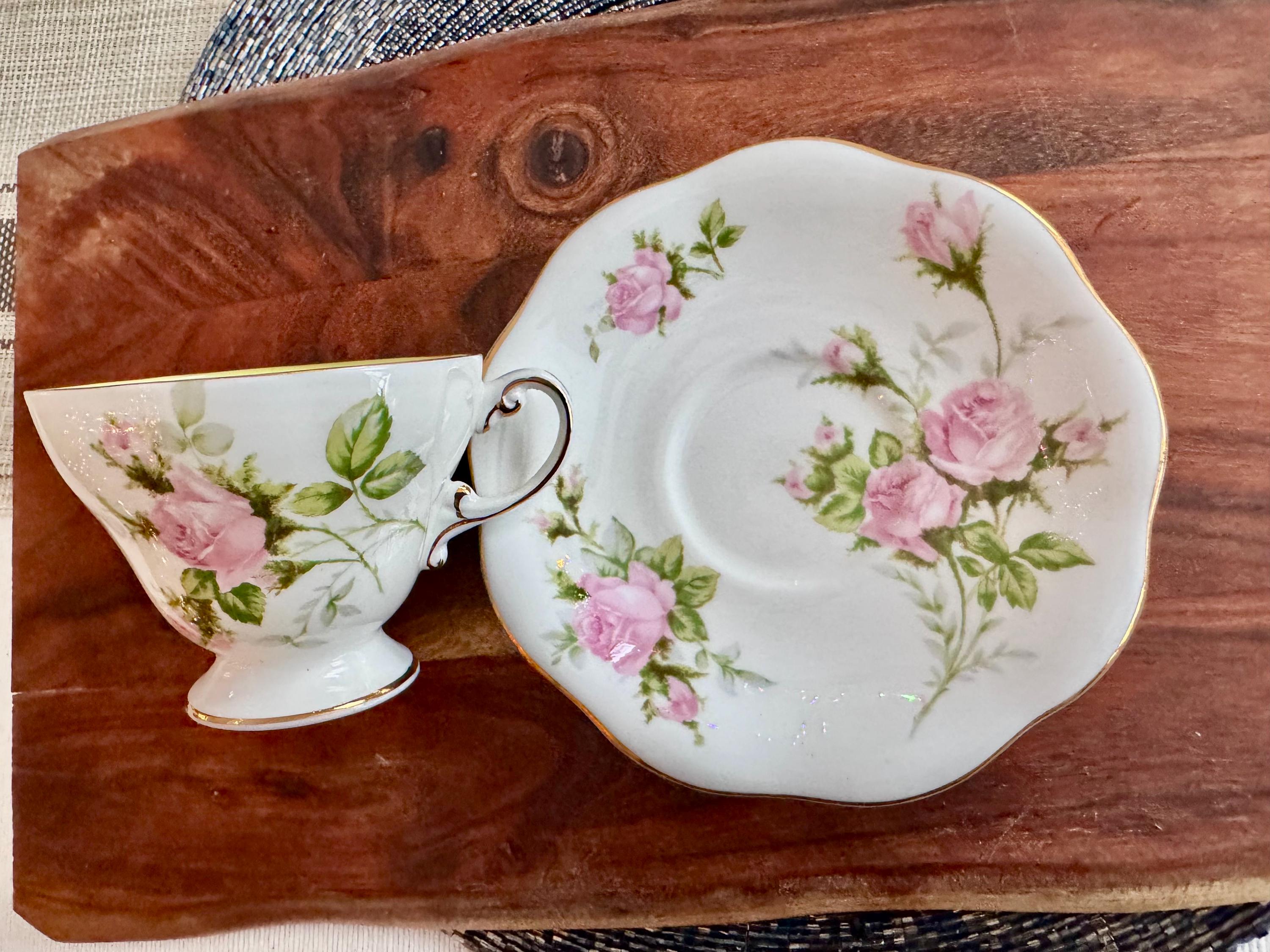 Foley China Bone Cup & Saucer - Pastel Yellow with Pink Roses