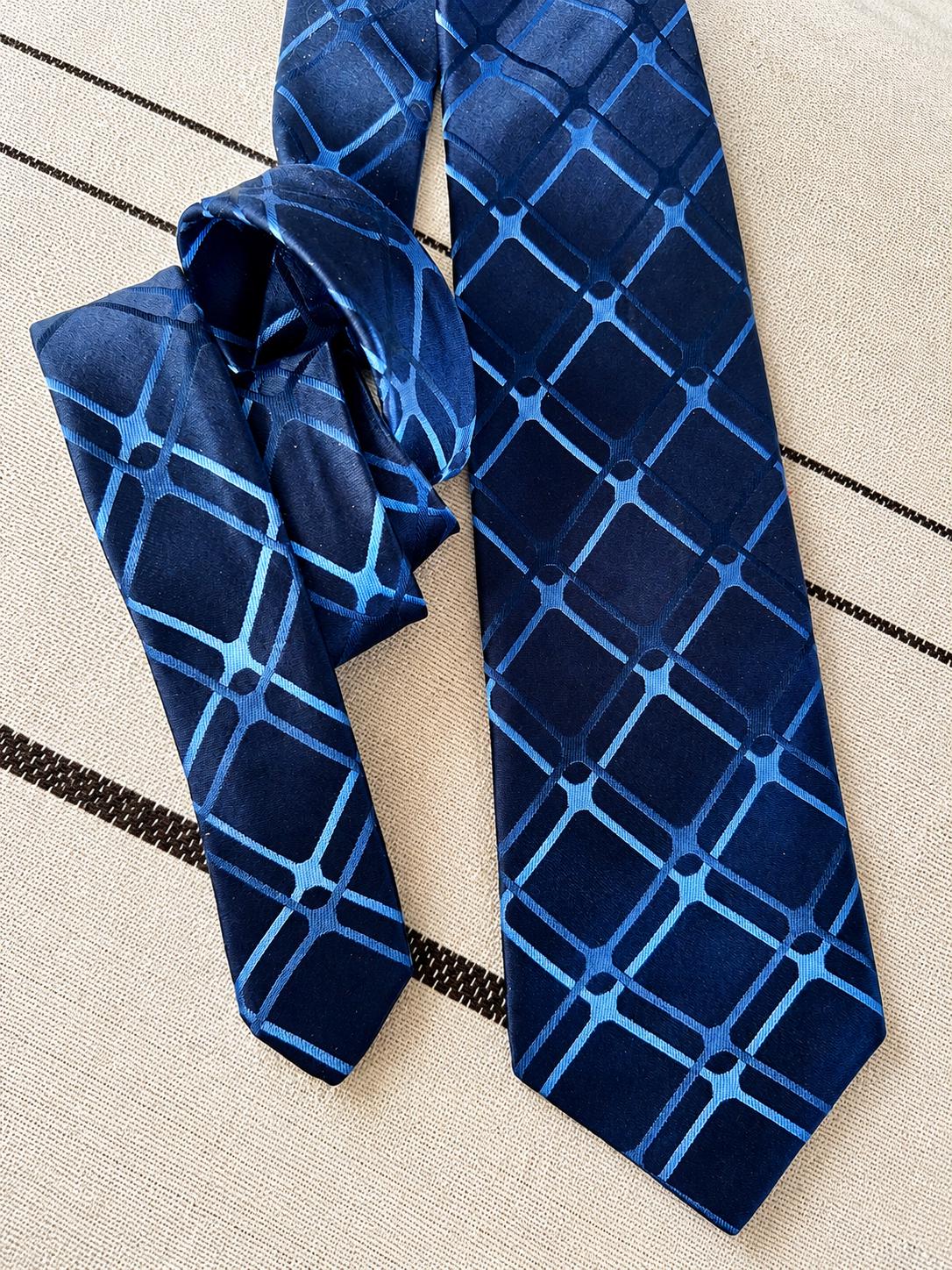 Vintage MEXX Geometric Silk Tie — Navy & Blue Modern Graphic Pattern