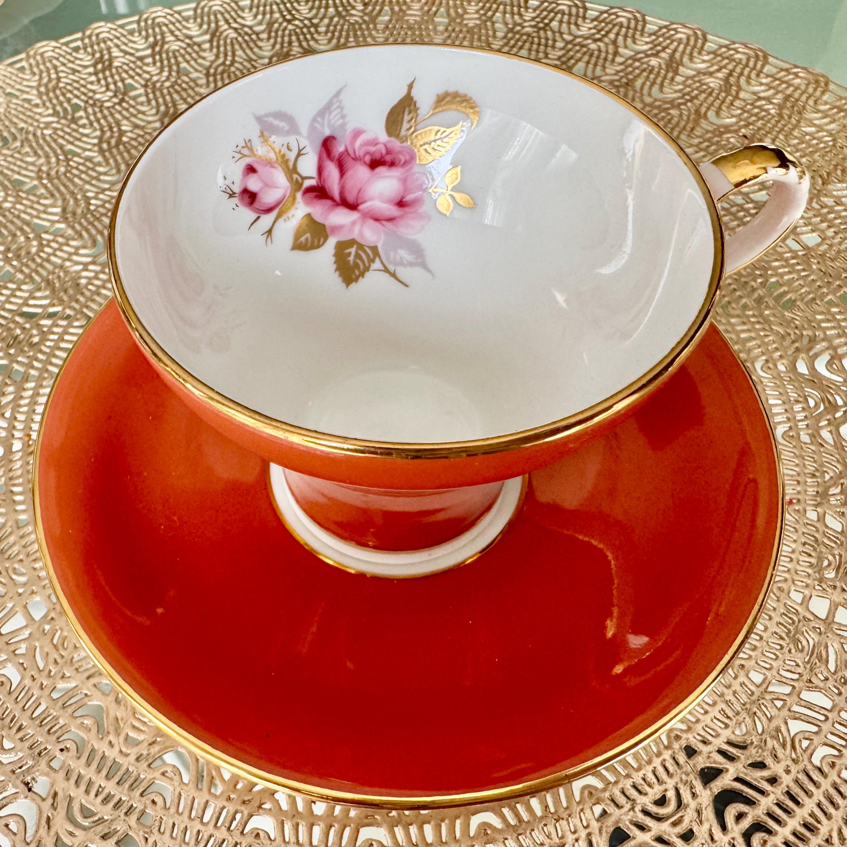 Vintage Aynsley Burnt Orange Teacup & Saucer – Gilded Rose Interior – English Bone China