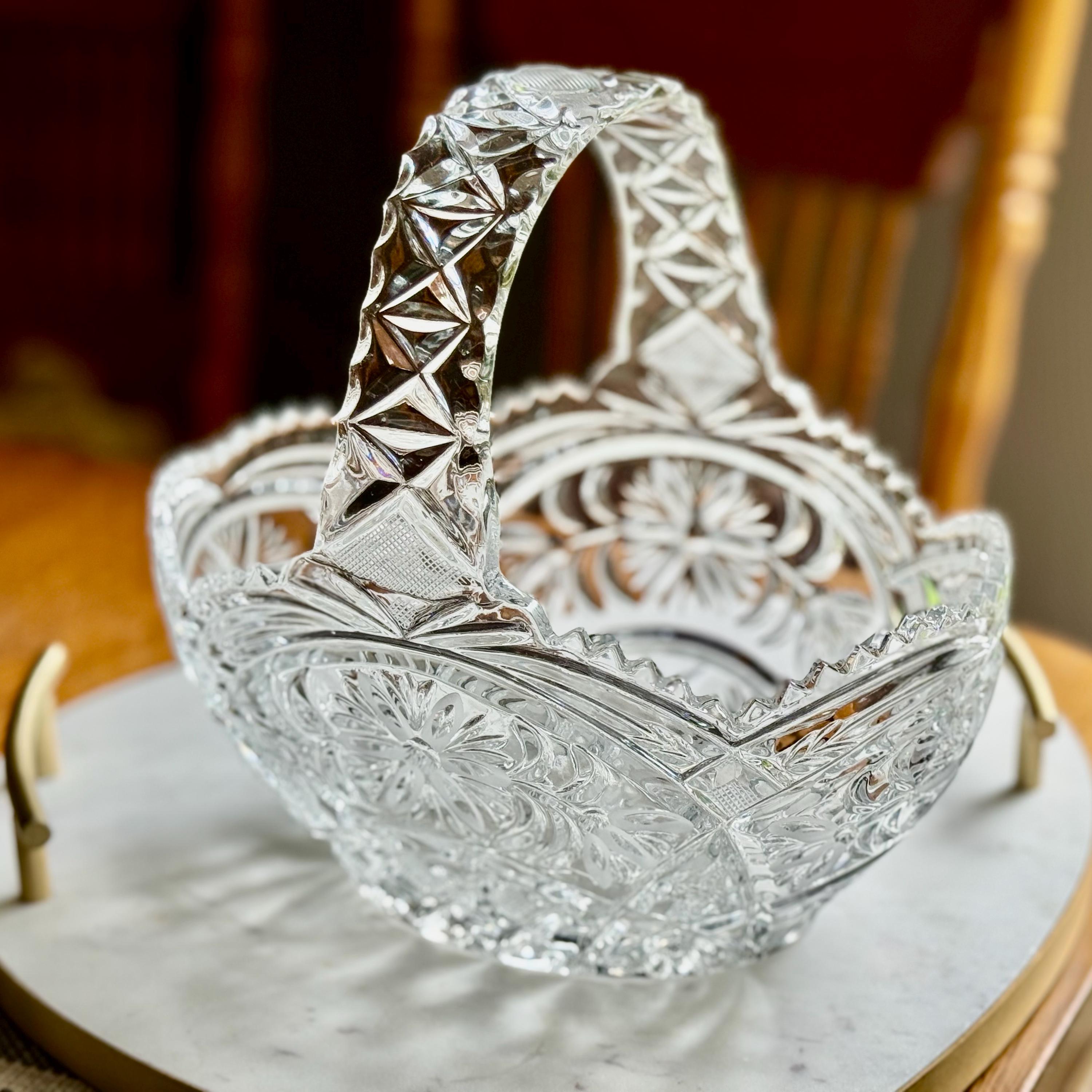 Vintage Pressed Glass Basket: Floral Pattern, Arched Handle, Scalloped Rim