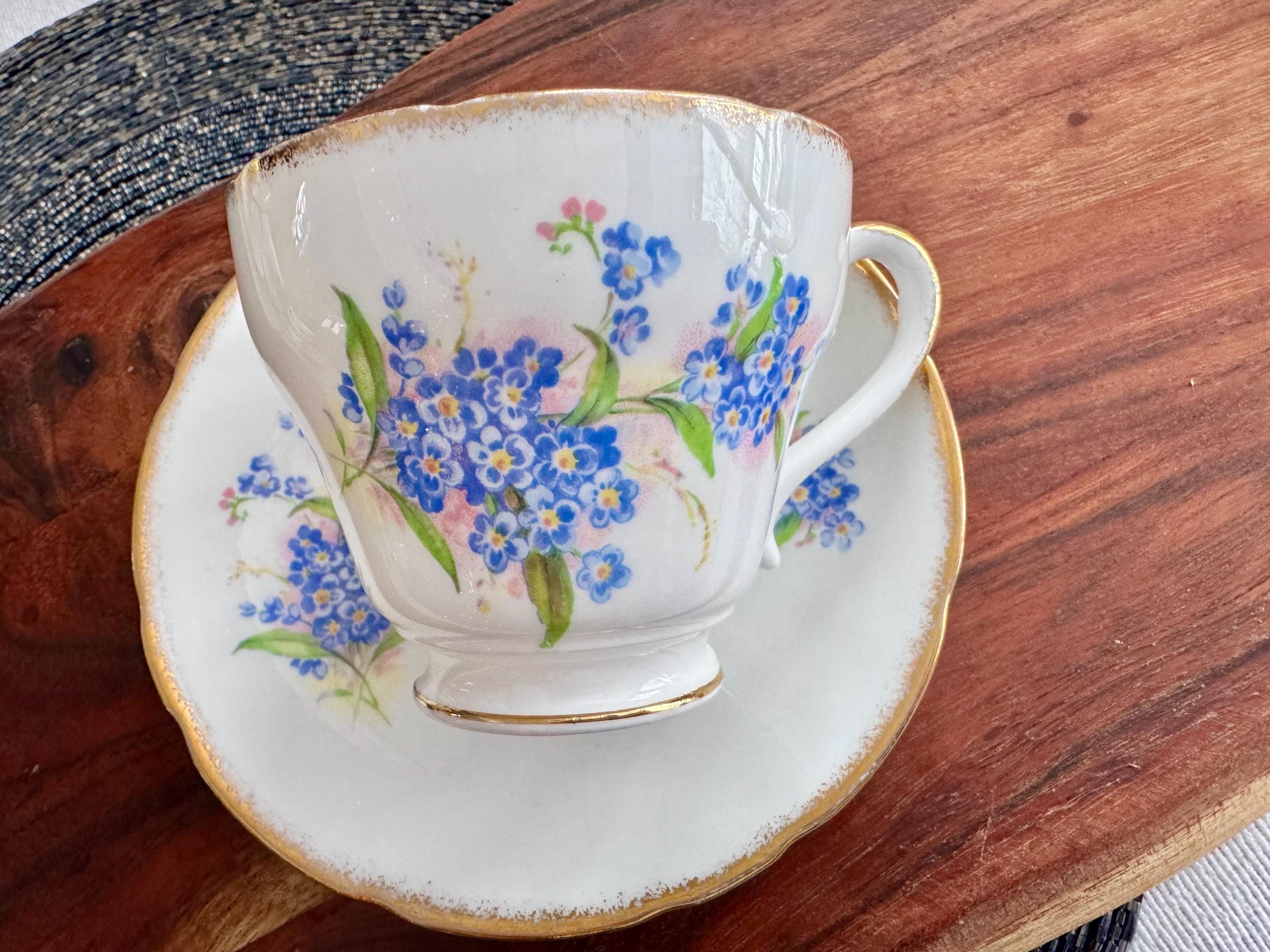 Salisbury Bone China Teacup & Saucer – Elegant Forget-Me-Not Floral Design