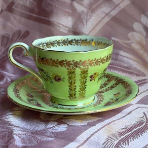 Vintage Aynsley Bone China Teacup & Saucer — Yellow or Green Gold Laurel, Floral Decor image 18