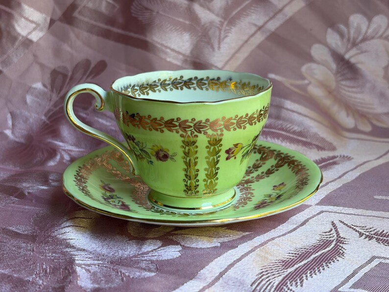 Vintage Aynsley Bone China Teacup & Saucer — Yellow or Green Gold Laurel, Floral Decor image 18