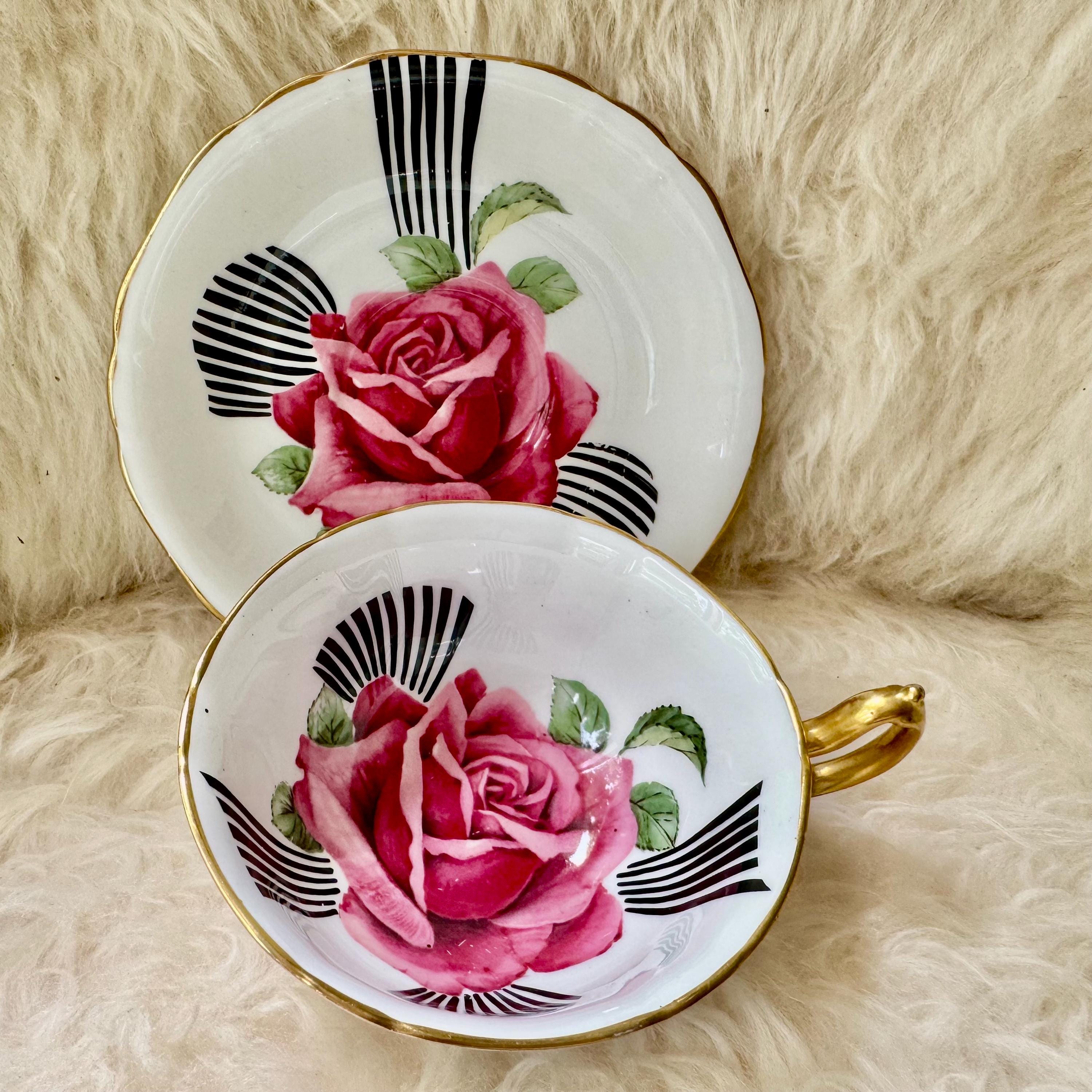 Vintage Mayfair Bone China England Teacup & Saucer – Bold Pink Rose Black Ribbon Design