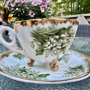 Vintage Giftcraft GC Lily of the Valley Tripod Teacup Saucer Japan Three Legged Gold Fine China bild 7