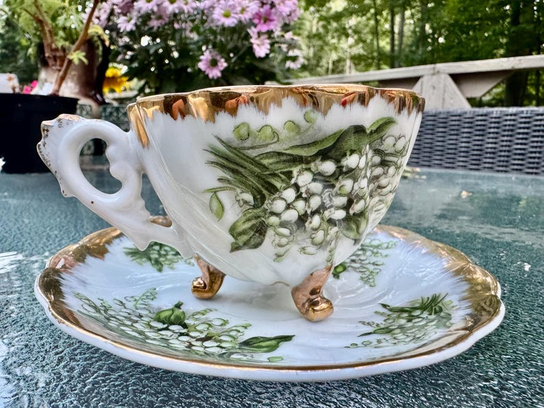 Vintage Giftcraft GC Lily of the Valley Tripod Teacup Saucer Japan Three Legged Gold Fine China bild 7