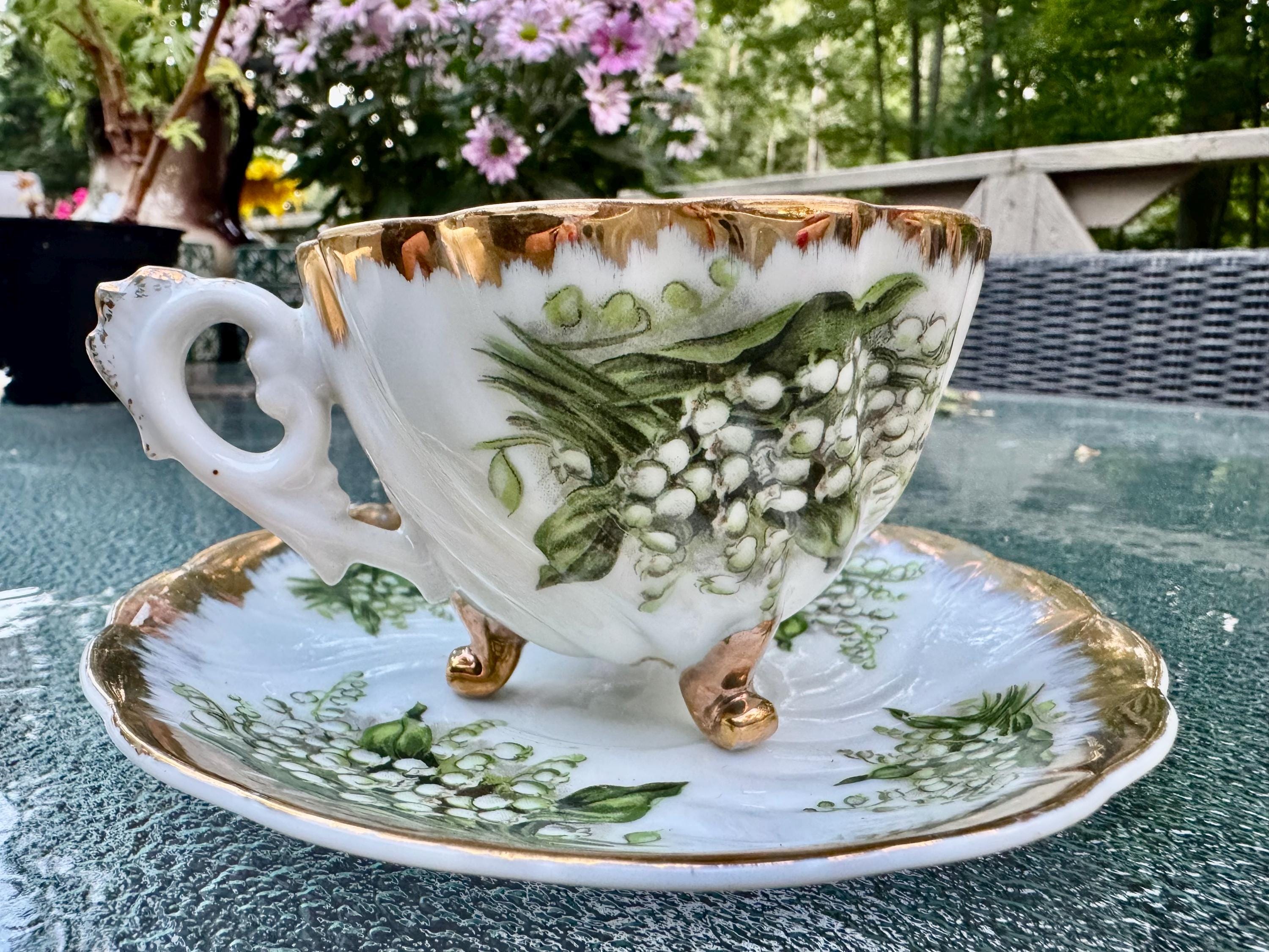 Vintage Giftcraft GC Lily of the Valley Tripod Teacup Saucer Japan Three Legged Gold Fine China