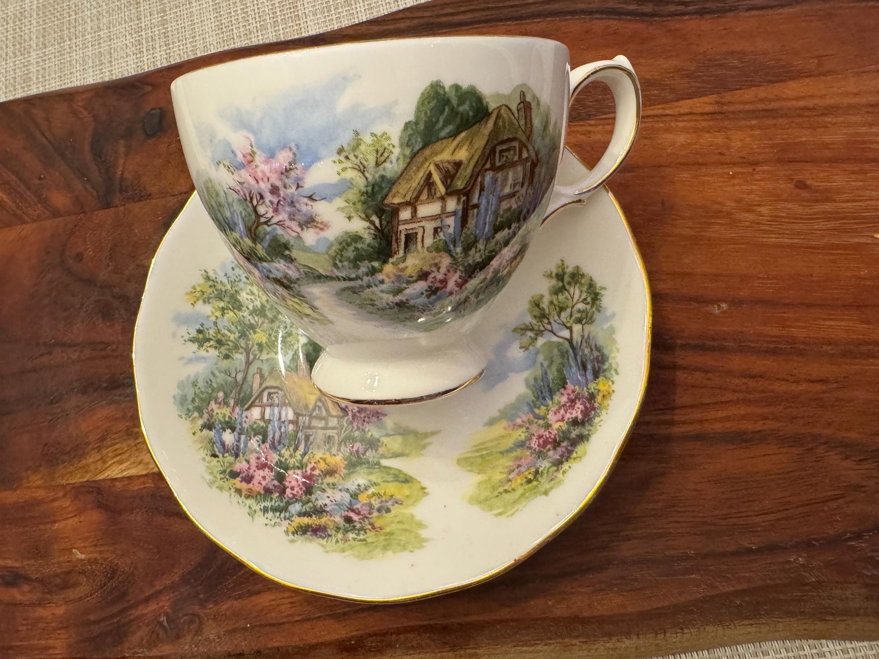 Vintage Royal Vale Countryside Houses Tea Cup and Saucer Set - Fine Bone China