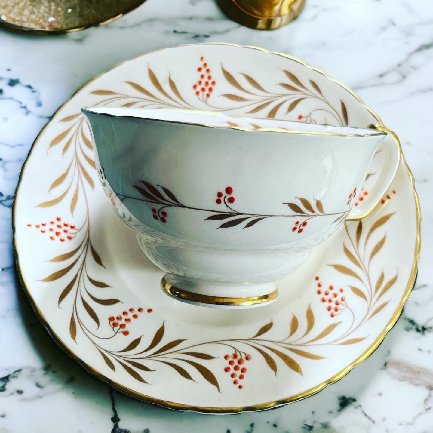 Vintage Bacchus Fine Bone China Teacup and Saucer — Gold Vine & Red Berry, England