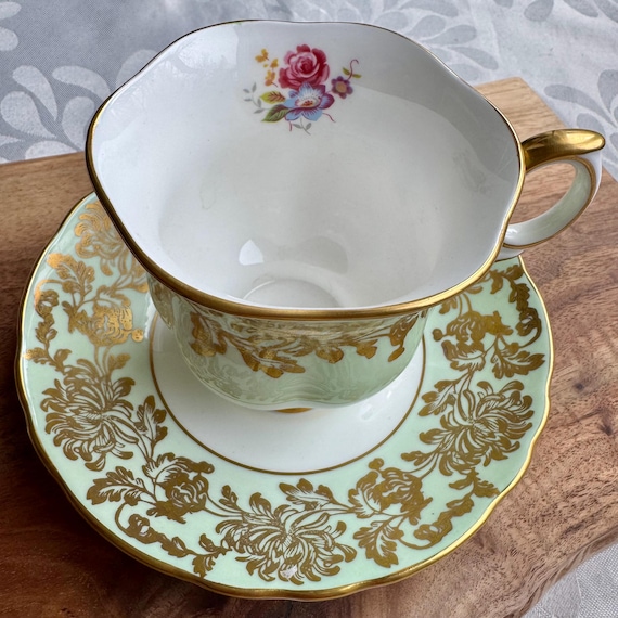 Vintage Crown Staffordshire Mint Green Gold Teacup & Saucer – Made in England