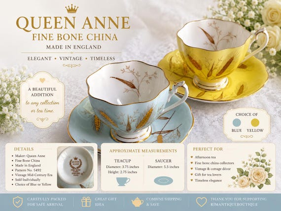 Queen Anne Fine Bone China Teacup Saucer – Wheat Pattern, Made England