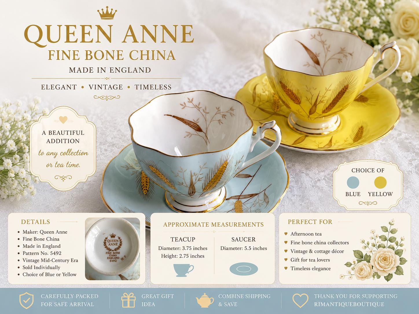 Queen Anne Fine Bone China Teacup Saucer – Wheat Pattern, Made England