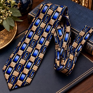 May include: A necktie featuring a repeating geometric pattern of blue rectangular shapes with dark borders, interspersed with textured gold and brown squares. The tie displays a structured, layered design with a pointed end and a folded section.