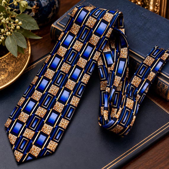 Graham Ashley Vintage Silk Tie — Made in Canada — Blue & Gold Geometric Necktie