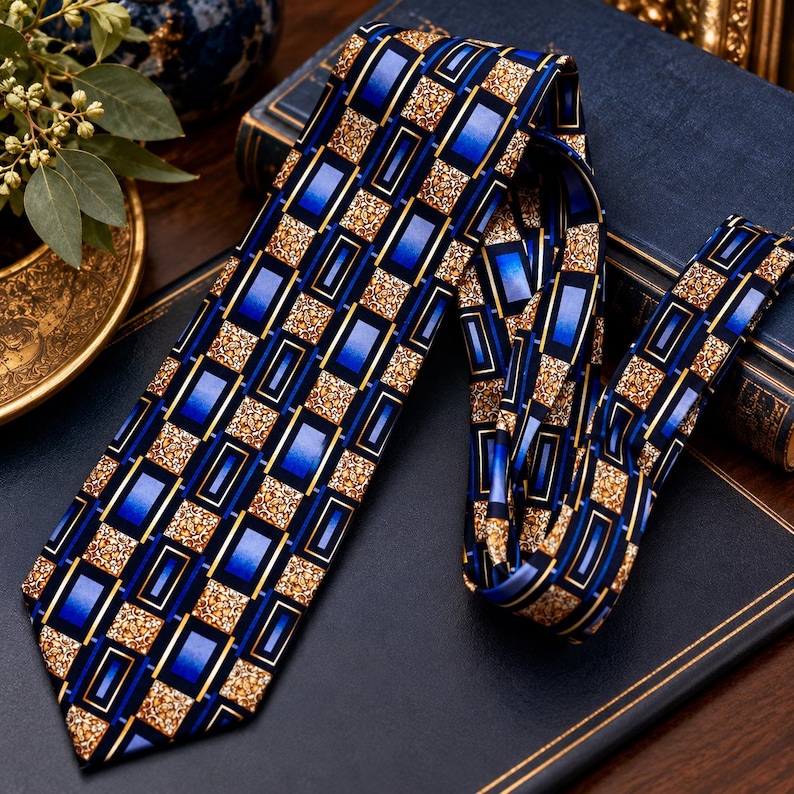 May include: A necktie featuring a repeating geometric pattern of blue rectangular shapes with dark borders, interspersed with textured gold and brown squares. The tie displays a structured, layered design with a pointed end and a folded section.
