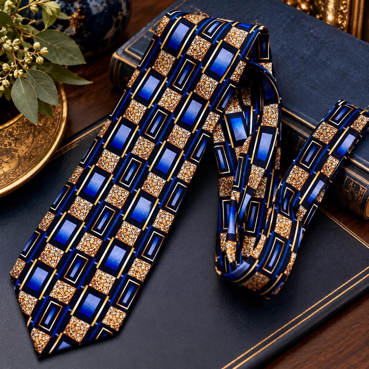 Graham Ashley Vintage Silk Tie — Made in Canada — Blue & Gold Geometric Necktie